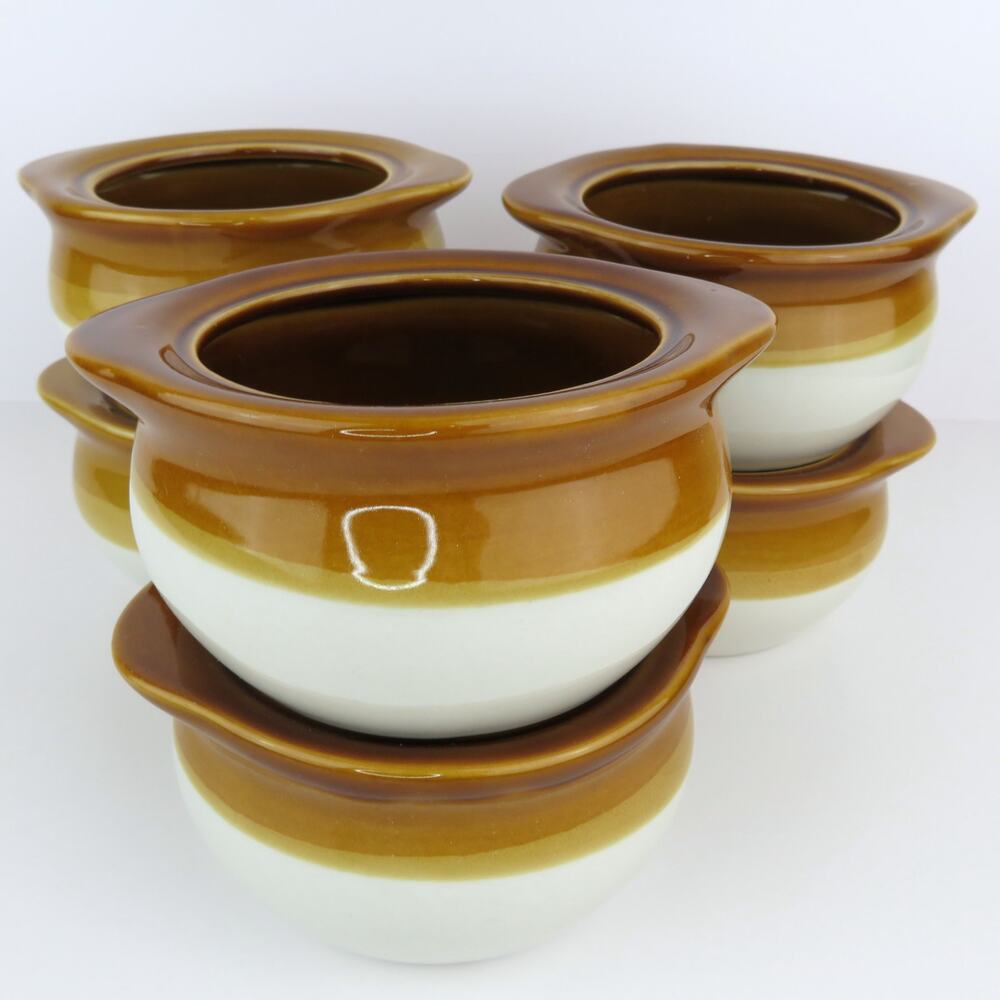 Vintage Rego Brown Drip Glaze Crock Bowls w/ Handles C067-27 — Set of 6